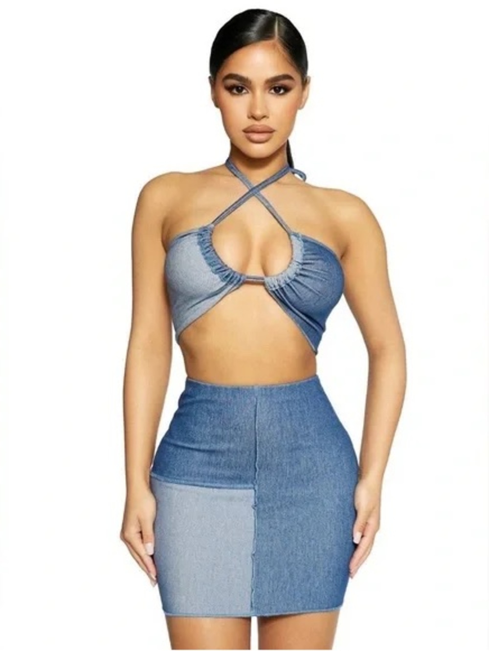 naked wardrobe Denim-Look Blue Skirt Set